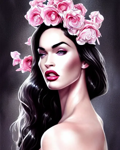 Prompt: megan fox with heavy eye makeup and pink glossy lipstick, seductive lingerie camisole, intricate, glamorous fashion pose, sharp focus, illustration, highly detailed, digital painting, concept art, art by wlop and artgerm and ross tran, masterpiece, fritz willis, pink and black and white colors, charlie bowater, loish