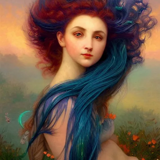 Image similar to a beautiful stunning interesting detailed fantasy whimsical matte digital portrait illustration of a mermaid with blue-green hair, yellow-orange and red-violet spectacular sunset, in the style of William Adolphe-Bouguereau and Marc Simonetti, magic the gathering, trending on artstation hq, contest winner