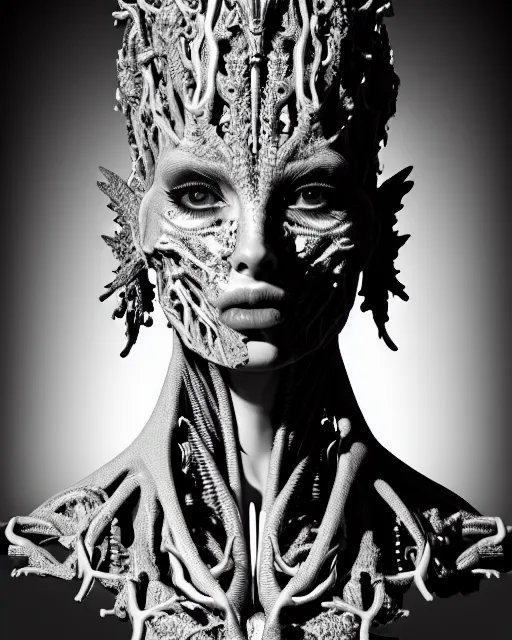 Prompt: a black and white high quality photo of a young beautiful female queen-dragon-cyborg bust with a very long neck and Mandelbrot fractal face, Mandelbrot fractal skin, flesh, anatomical, facial muscles, veins, arteries, elegant, highly detailed, flesh highly baroque ornate, hair are wired cables, elegant, high fashion, rim light, octane render, in the style of H.R. Giger, Louis Daguerre and Man Ray, Realistic, Refined, Digital Art, Highly Detailed, Cinematic Lighting, rim light, black and white, photo-realistic, 8K