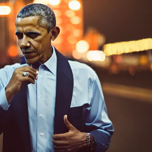 Image similar to a still of Barak Obama. Shallow depth of field. City at night in background, lights, colors ,studio lighting, mood, 4K. Profession photography