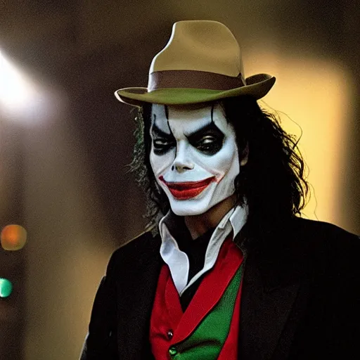 Image similar to stunning awe inspiring michael jackson as the joker, movie still 8 k hdr atmospheric lighting