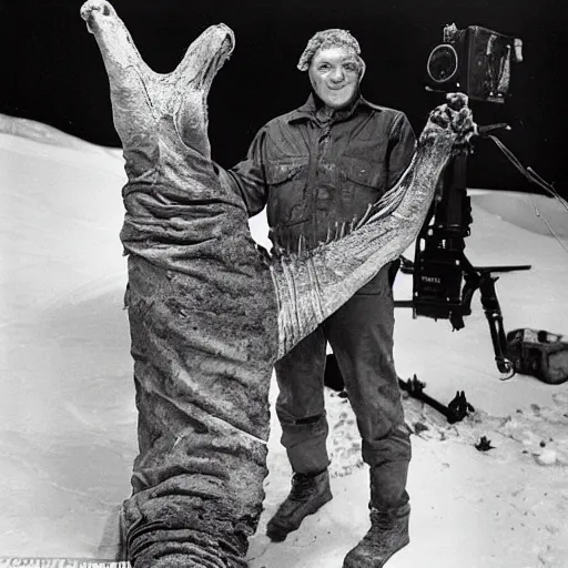 Image similar to a mummified t-rex corpse found in the artic with a man standing next to the t-rex corpse and waving at the camera, he is wearing a white full body suit, taken by a ww2 camera.