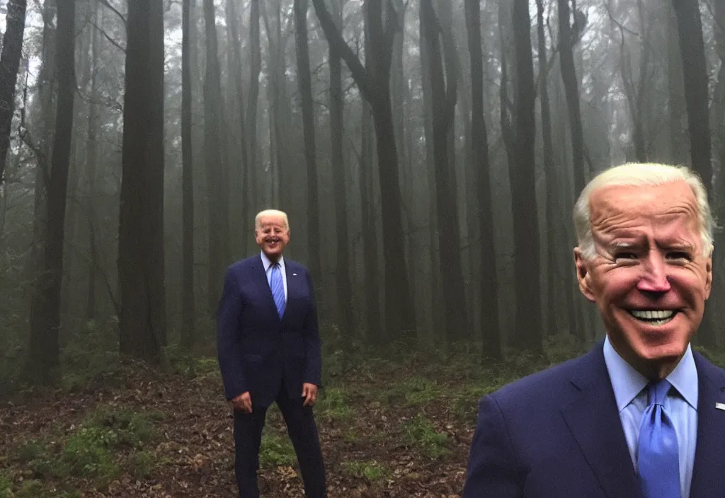 Image similar to low quality iphone photo of joe biden standing ominously deep in the foggy woods with a demonic smile in his face and his hands behind his back, low visibility creepy, grainy, trail cam footage