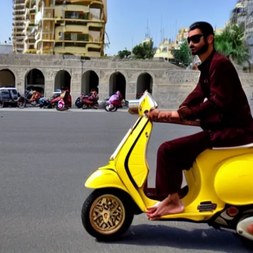 Prompt: a rich arab prince riding a gold plated vespa in heavy traffic