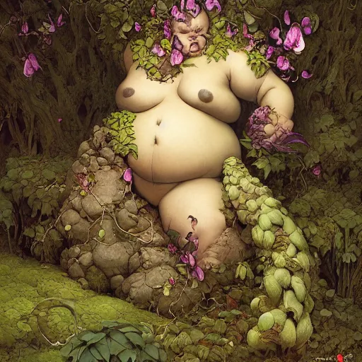 Image similar to chubby Physique Portrait of a Orchid Guy wearing an Ivy costume poison oak disguised as a human standing atop a lichen covered stone greg rutkowski jen bartel peter mohrbacher anna podedworna arthur rackham salvador dali octavio ocampo jacek yerka winslow homer norman rockwell inio asano prismacolor tombow quill