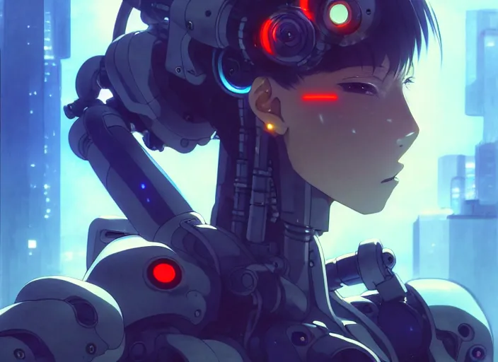 Image similar to a anime portrait of a cyborg woman, finely detailed features, closeup at the face, sharp focus, aesthetically pleasing art, night time city background, cinematic lighting, highly detailed, intricate, smooth, anime!! artstation, trending on pixiv fanbox, painted by greg rutkowski and studio ghibli and yoji shinkawa and hayao miyazaki,