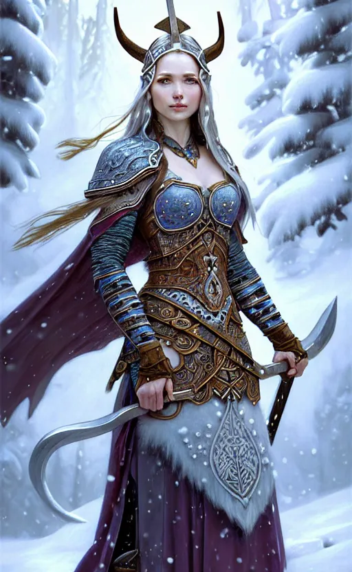 Image similar to opal viking warrior, regal, elegant, winter, snow, beautiful, stunning, hd, illustration, epic, d & d, fantasy, intricate, elegant, highly detailed, wide angle, digital painting, artstation, concept art, smooth, sharp focus, illustration, wallpaper, art by artgerm and greg rutkowski and alphonse mucha and jin xiaodi