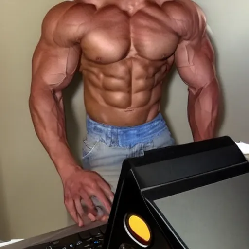 Image similar to a chad. muscular. godlike. using a computer.