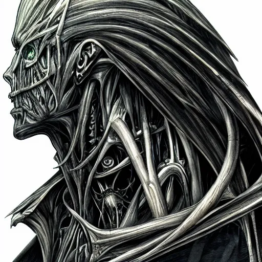 Prompt: nazgul by yoshitaka amano, by hr giger, biomechanical, profile portrait, 4 k, wide eyes, hyper detailed, hyperrealism, anime