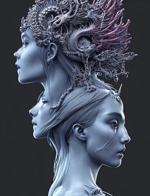 Image similar to symmetrical, centered, zbrush sculpt of goddess close-up portrait wigh crown made of skulls. phoenix betta fish, phoenix, bioluminiscent creature, super intricate ornaments artwork by Tooth Wu and wlop and alena aenami and greg rutkowski