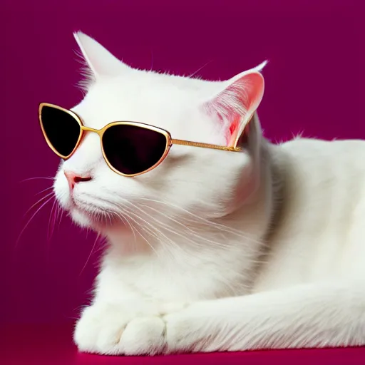 Prompt: A white cat with golden sunglasses on, pink background, studio lighting, 4k, award winning photography