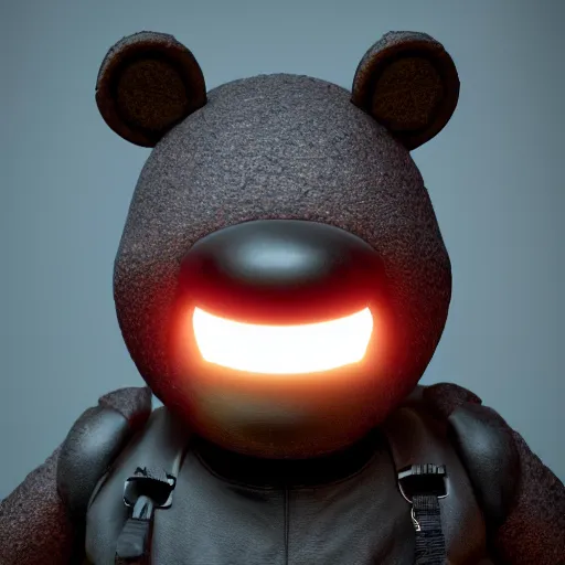 Image similar to A photo of the person in black bear suit, animatronic black Freddy Fazbear with red glowing eyes, 8k, ultra detail, volumetric lighting, unreal engine, octane render, ultra realistic, max quality, epic 35 mm lens shot, photorealism