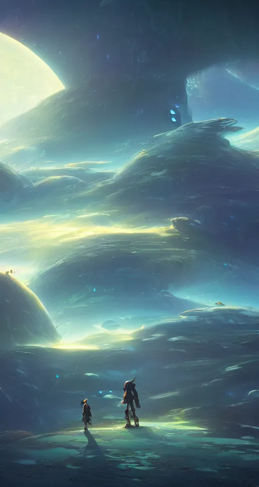 Prompt: a beautiful landscape painting of a science fiction planet, dynamic composition, dramatic, atmospheric, by lazar cherikover and julie dillon and makoto shinkai