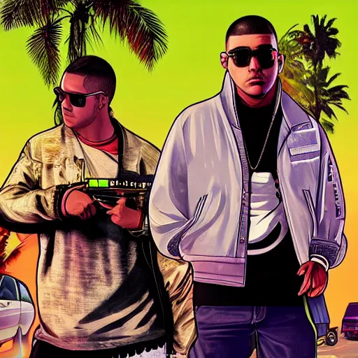 Image similar to music artist bad bunny in gta v cover art by steven bliss, cover art, box art, loading screen