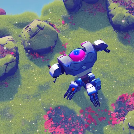 Image similar to floating robot sentinel enjoying picking up flower on alien planet in no man's sky