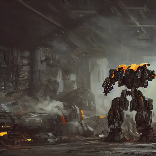 Image similar to failing mecha, dark messy smoke - filled cluttered workshop, dark, dramatic lighting, orange tint, cinematic, highly detailed, sci - fi, futuristic, movie still