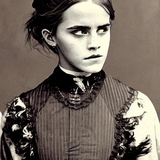 Image similar to victorian photograph of emma watson, 1 8 9 0 s photography, 1 9 0 0, realistic face, symmetrical face, studio photograph, grainy, edwardian, old photo