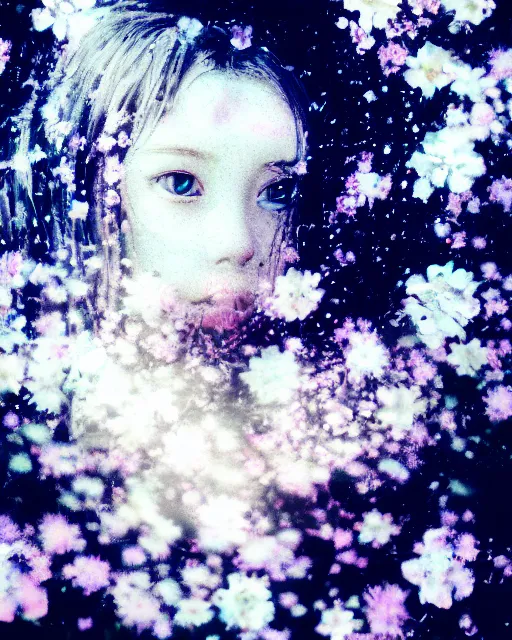 Prompt: oversaturated, burned, light leak, expired film, photo of an anime girl's serene face submerged in a flowery milkbath, rippling liquid, vintage glow, sun rays, black and white, glitched pattern