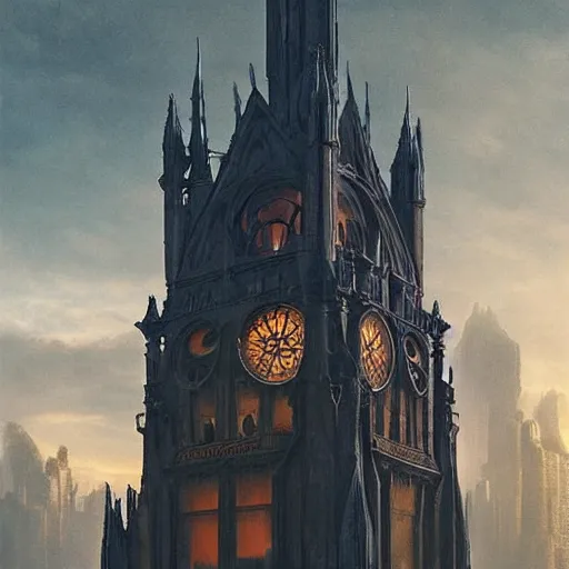 Image similar to an ultra detailed tarot card of a lonely and impossibly tall ominous gothic dark tower elevated high above the city, in a river elevated high above the city, fantasy capital city, ultrawide lense, aerial photography, volumetric lighting, exquisite detail, 8 k, art by greg rutkowski and alphonse mucha