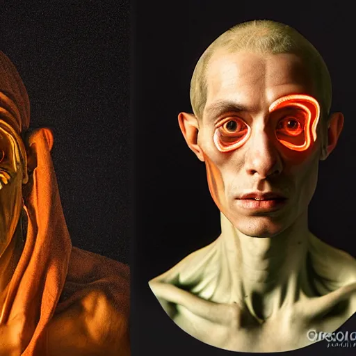 Image similar to Colour Caravaggio Bosch style Photography of Man with transparent glowing skin with highly detailed 1000 years old face with transparent glowing skin wearing highly detailed sci-fi VR headset designed by Josan Gonzalez. Many details . In style of Josan Gonzalez and Mike Winkelmann and andgreg rutkowski and alphonse muchaand and Caspar David Friedrich and Stephen Hickman and James Gurney and Hiromasa Ogura. Rendered in Blender and Octane Render volumetric natural light