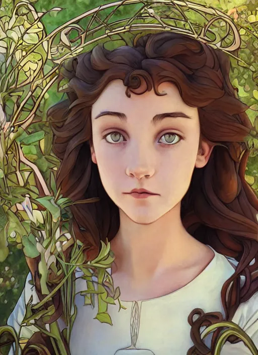 Prompt: well - lit art nouveau face portrait of a 1 3 - year old ballet girl in the garden, natural lighting, path traced, highly detailed, high quality, cartoon, digital painting, by don bluth and ross tran and studio ghibli