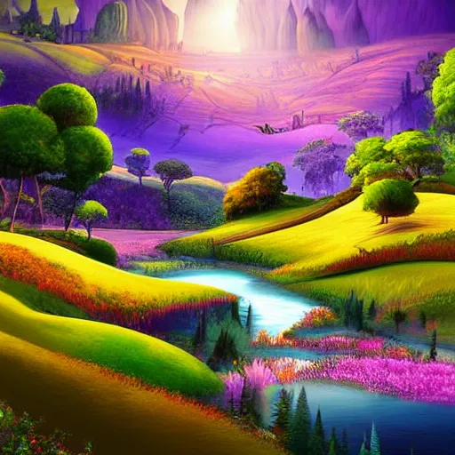 Prompt: A beautiful digital art of of a landscape. It is a stylized and colorful view of an idyllic, dreamlike world with rolling hills, peaceful looking animals, and a flowing river. The scene looks like it could be from another planet, or perhaps a fairy tale. studio lighting by Michelangelo rich details, daring