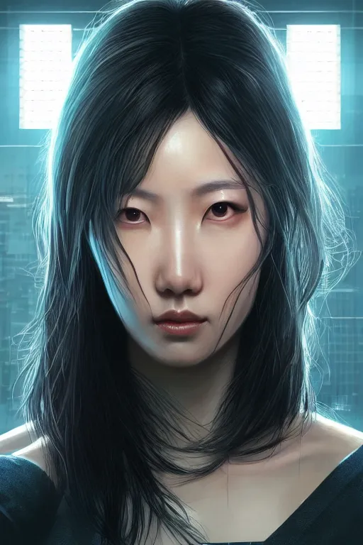 Prompt: Photorealistic illustration, Korean woman with augmented cybernetic eyes in 3/4 portrait view, cyberpunk 2077, sci-fi, futuristic, intricate, elegant, highly detailed, digital painting, artstation, concept art, smooth, sharp focus, art by artgerm, greg rutkowski and alphonse mucha