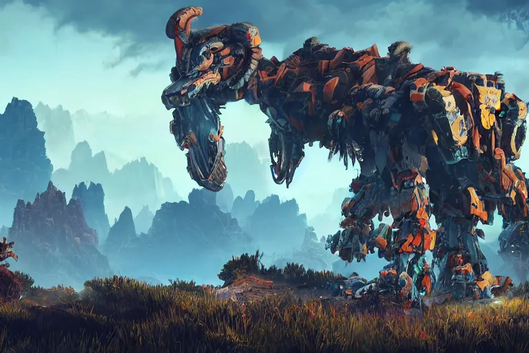 Image similar to tremortusk machine mecha animal beast robot of horizon forbidden west horizon zero dawn bioluminiscence global illumination ray tracing hdr fanart arstation by sung choi and eric pfeiffer and gabriel garza and casper konefal