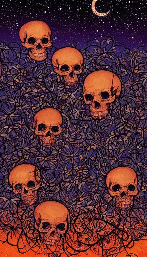 Prompt: The floral skulls under sunset starlit sky, italian futurism, Dan Mumford, da vinci, Josan Gonzalez