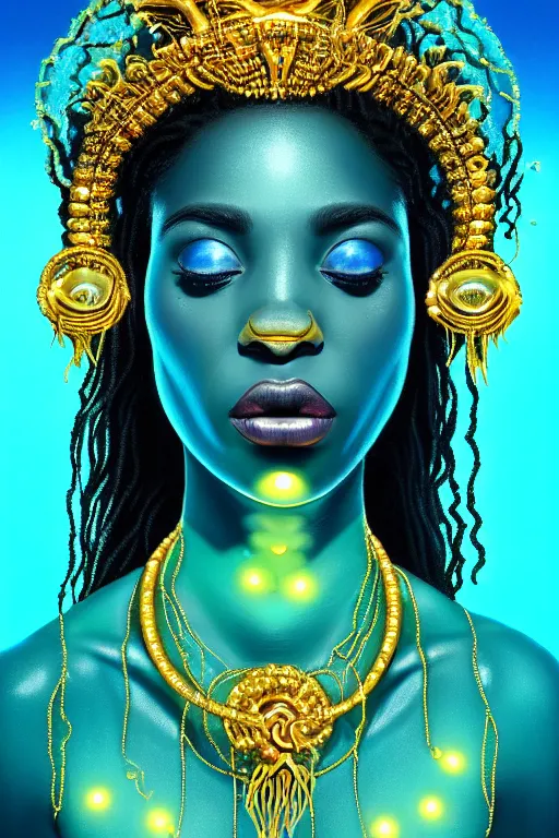 Image similar to hyperrealistic whole body cinematic bioluminescent very expressive! oshun goddess underwater scene, gold jewerly, highly detailed face, digital art masterpiece, smooth eric zener cam de leon, dramatic pearlescent turquoise light on one side, low angle uhd 8 k, shallow depth of field