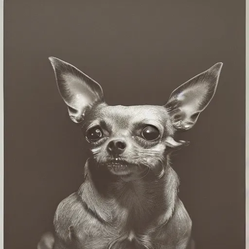 Image similar to a portrait of a chihuahua, from the terrifying and incomprehensible beyond, body horror, by gerard brom, zdzisław beksinski and ansel adams