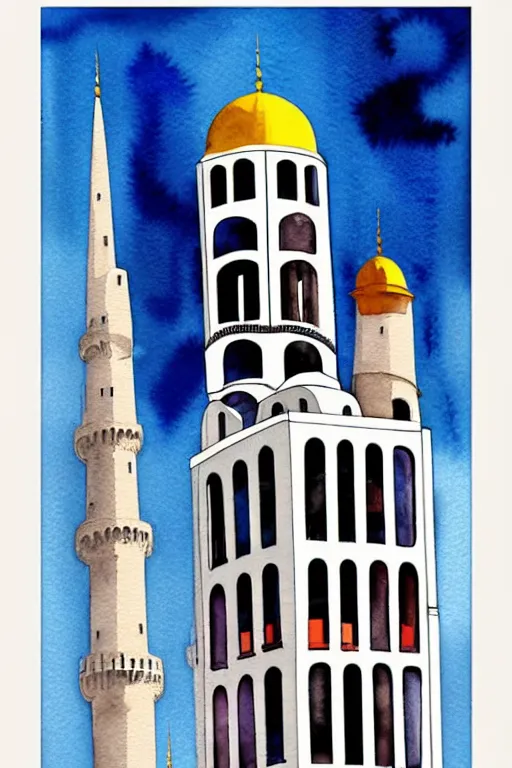 Prompt: minimalist colorful watercolor line art of galata tower istanbul, art deco, cityscape, matte drawing, poster art