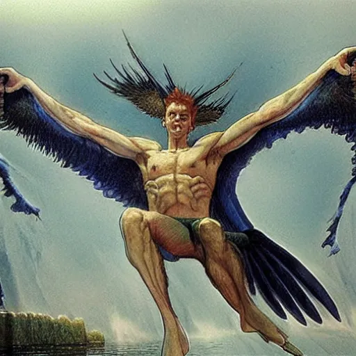 Prompt: a mythical male harpy with their wings outstretched and on display by John Howe