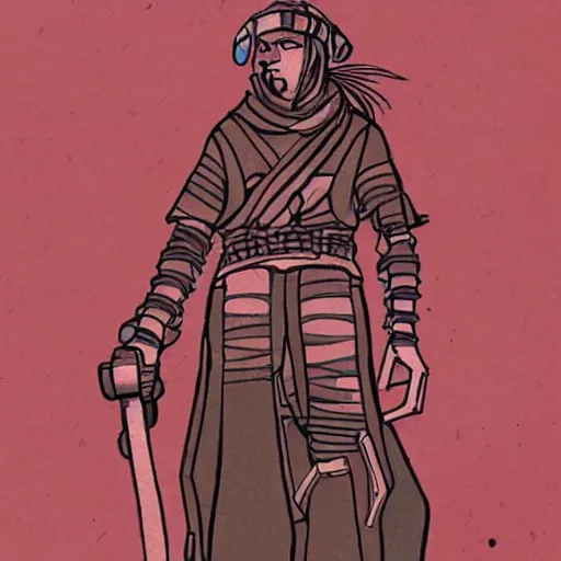 Image similar to hand drawn illustration of a cyberpunk berber corsair at the helm of a ship