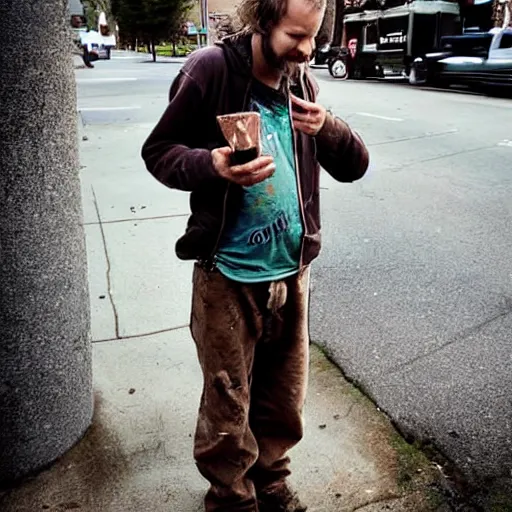 Prompt: homeless justin vernon in portland covered in chocolate stains. photograph.