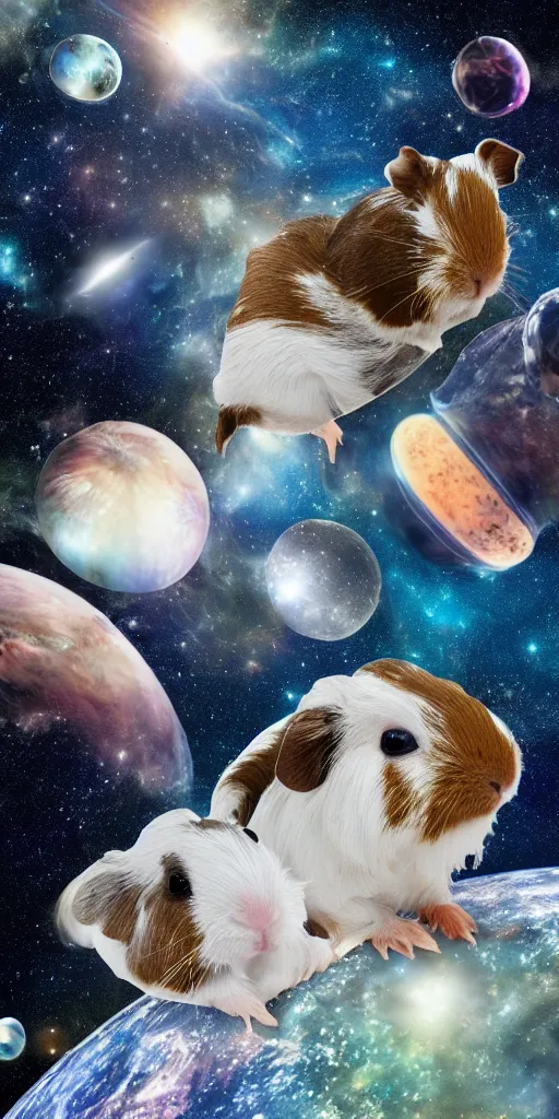 Prompt: ultra realistic guineapigs's portrait floating in space suits floating in space on the cover of vogue magazine, 4 k, 8 k, nebula, universe, many stars, space station