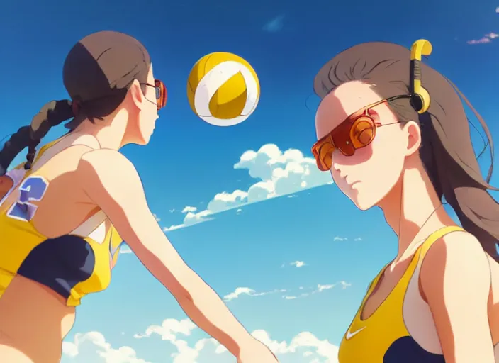 Prompt: side portrait of cute high school girl playing beach volley, sunny sky background, stadium landscape, illustration concept art anime key visual trending pixiv fanbox by wlop and greg rutkowski and makoto shinkai and studio ghibli and kyoto animation, symmetrical facial features, sports clothing, yellow carrera glasses, nike shirt, backlit