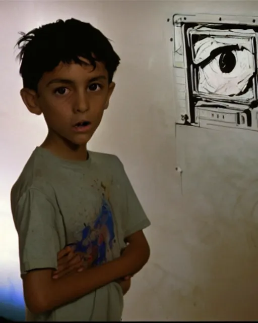 Image similar to an 8 years old enlightened and scared boy standing in front of an old computer from 90s with a game doom2 at the monitor screen. painting by Adrian Ghenie and Willem de Kooning and Cy Twombly, still from a movie by Gaspar Noe and James Cameron