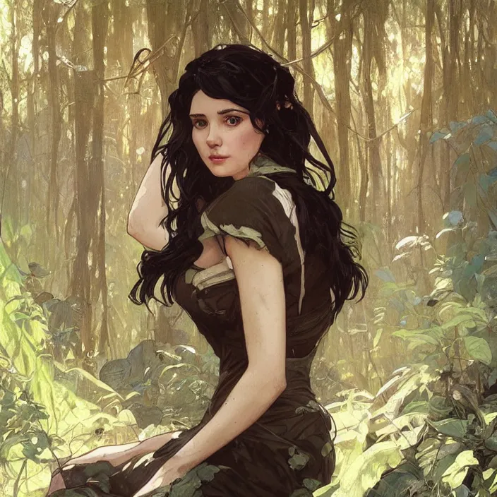 Image similar to portrait of short black hair woman in forest glade by artgerm, greg rutkowski, alphonse mucha, 8 k