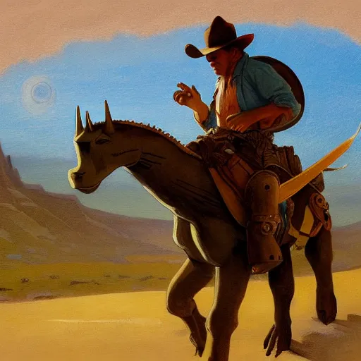 Prompt: a painting of a cowboy riding a dinosaur in the style of n. c. wyeth and in the style of james gurney.