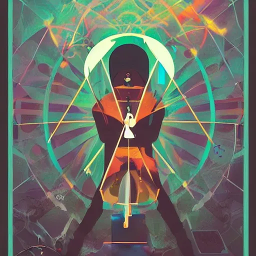 Prompt: majestic futuristic visionary inventor nikola tesla tarot crad by sachin teng, artgerm, darius zawadzki, masterpiece, organic painting, matte painting, technical geometrical drawing shapes, lightning electricity coil, hard edges, graffiti, screen printing poster art by sachin teng, artstation trending