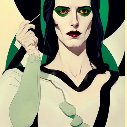 Image similar to Joshua Middleton comic art, wide shot, stunning elegant female Eva Green, spy, kabuki mask, beautiful evil sneer, symmetrical face, symmetrical eyes, leather clothing and boots, long straight green black hair, full body, Indigo occult pattern