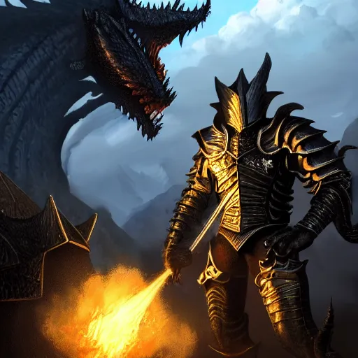 Prompt: a black boy wearing a suit of armor approaching a sleeping dragon in his his hoard of gold coins, by jeff easley, 8k , hd, dynamic wide angle action shot, skyrim character art, dramatic lighting
