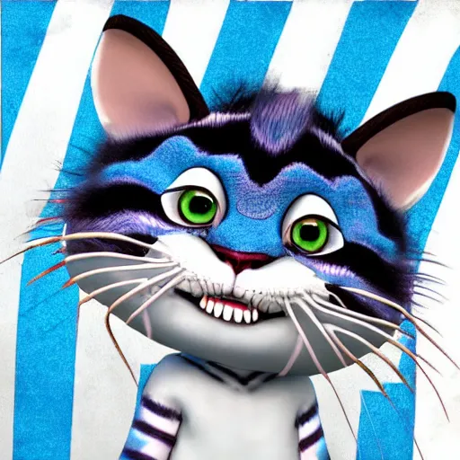 Image similar to cute blue striped cheshire cat from alice in wonderland. an adorable cat with light blue stripes, blue eyes and a big playful smile. award - winning digital art by mona sundberg