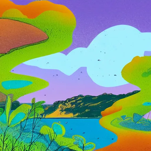 Prompt: illustration of a lush natural scene on an alien planet by matt johnson. beautiful landscape. colourful weird vegetation. cliffs and water.