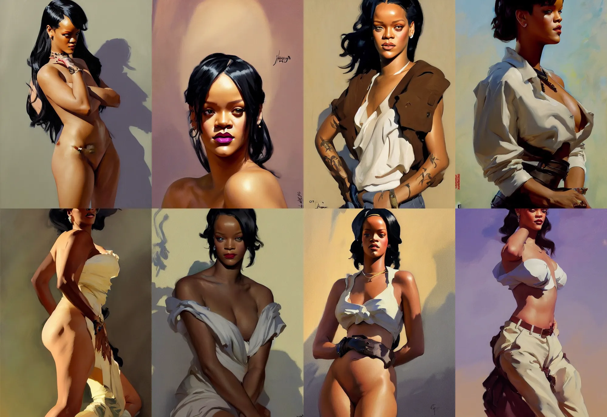 Image similar to portrait of rihanna instagram model jodhpurs greg manchess painting by sargent and leyendecker, studio ghibli, fantasy, medium shot, asymmetrical, intricate, elegant, matte painting, illustration, hearthstone, by greg rutkowski, by greg tocchini, by james gilleard, by joe fenton