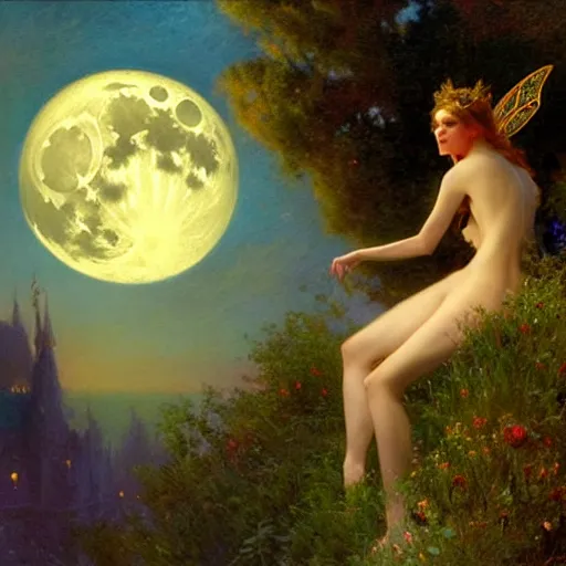 Image similar to attractive fairy magically floating high in the night, fantasy, full moon in background. highly detailed painting by gaston bussiere, craig mullins, j. c. leyendecker, sharp focus, 8 k