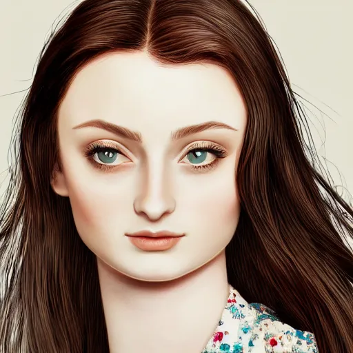 Prompt: studio close - up portrait of long dark hair amiable excited real 1 7 yo sophie turner, full rose floral, beautiful as youtube thumbnail, smooth elegant, ultrafine hyperrealistic detailed face illustration by kim jung gi, irakli nadar, intricate linework, sharp focus, bright colors, matte, octopath traveler, final fantasy, unreal engine highly rendered