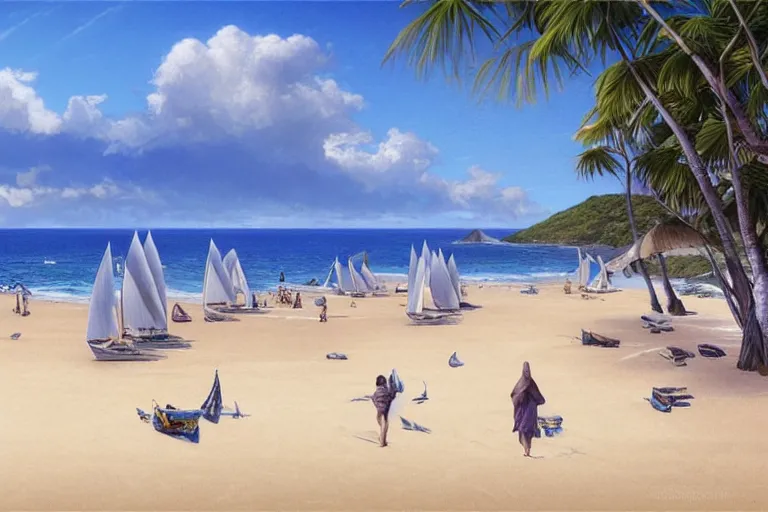 Prompt: ultra realistic illustration,, a beach in tanzania with sailboats in the distance, tropical blue water intricate from baldurs gate, elegant, highly detailed, digital painting, artstation, concept art, smooth, sharp focus, illustration, art by artgerm and greg rutkowski and alphonse mucha