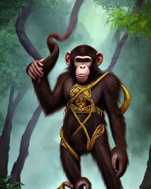 Image similar to fury art, an anthro ape monkey wearing a fantasy armor, jungle background, large cape, 3 d, 8 k, extremely detailed, trending on furaffinity, trending on artstation, award winning, sharp focus, illustration